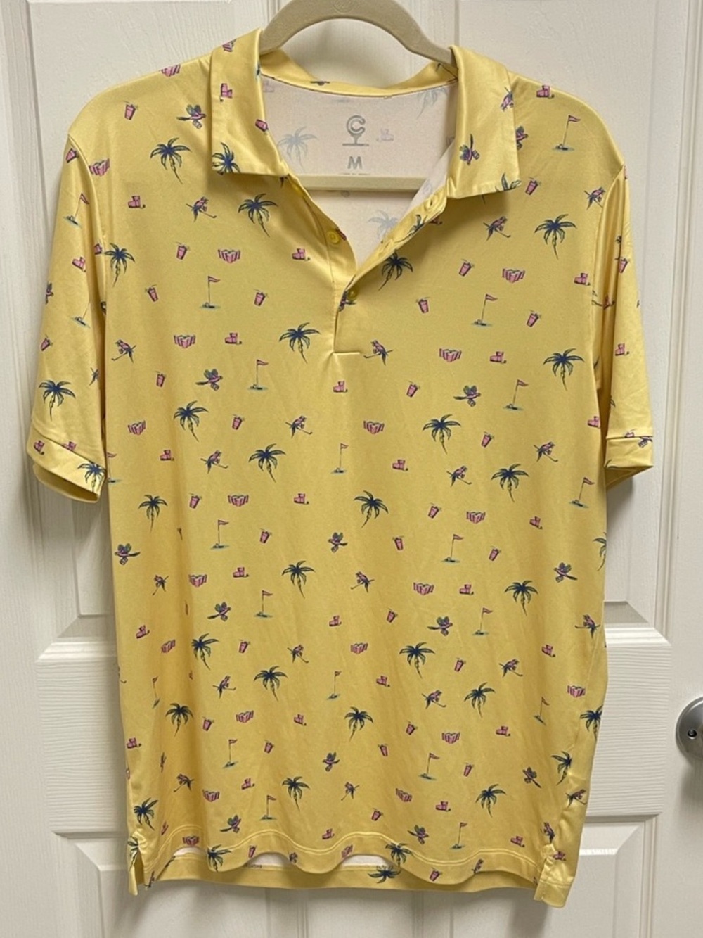 Caddy Cart Men’s Palm Tree / Party Time Yellow Golf Polo. Sz Medium